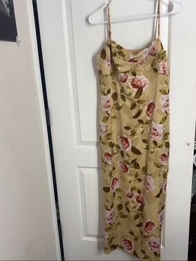 Wayf Yellow Maxi Slip Skirt with Pink Rose Print